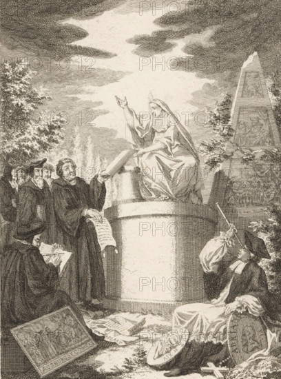 Allegory of the Augsburg Confession, print, Netherlands, 1600 - 1750, printmaker, paper, etching, height 177 mm x width 132 mm, 'Confessio Augustana', 'Augsburger Konfession', Augsburg Confession of Faith, A detailed monochrome engraving shows a robed female figure seated on a raised circular platform, one arm extended upward and the other resting on an open book placed on the platform; she wears flowing drapery and a radiant emblem on her chest. Around the platform stand a group of men in scholarly or clerical attire, some holding papers and scrolls, one holding a long scroll up toward the seated figure, and another seated on the ground writing in a book. To the right a man in a cap leans back and looks upward while another kneels nearby holding a staff. In the background an obelisk rises amid foliage and a cloudy sky, and trees frame the left side. Scattered on the ground are open books, loose sheets, and a round shield-like object with decorative markings, while a rosary and a small...