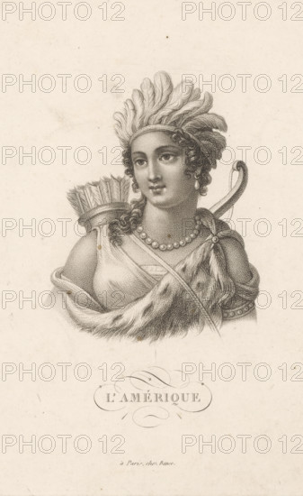 Amérique, Personification of America, print, France, publisher: Jacques-Louis Bance, Paris, 1771 - 1847, printmaker, paper, stippelwerk, etching, height 185 mm x width 132 mm, Possibly part of a series with personifications of the continents., America represented allegorically, 'America' (Ripa), indigenous peoples of North America, A detailed engraved bust of a person wearing a feathered headdress and a beaded necklace, with curly hair and a single earring, dressed in draped garments and a fur-like shoulder covering, a quiver of arrows visible behind one shoulder and a bow partially visible at the other, all rendered in fine stippled and line shading on a light background.