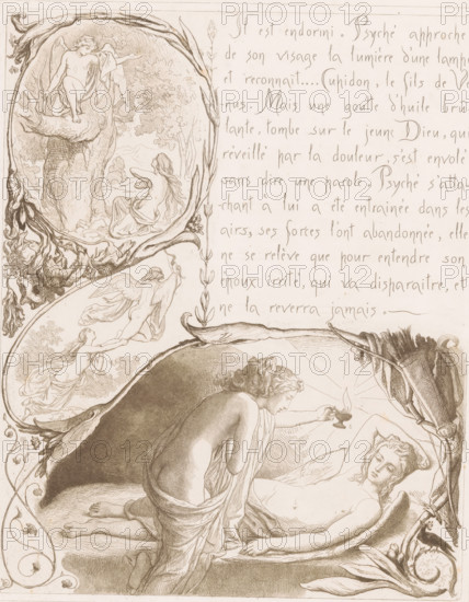 Amor en Psyche, L'Amour et Psyché, print, printmaker: Lorens Frølich, printer (person): Beillet et Forestier, Paris, publisher: Pierre-Jules Hetzel, 1862, Lorens Frølich, Beillet et Forestier, Pierre-Jules Hetzel, printmaker, printer (person), publisher, paper, etching, height 347 mm x width 261 mm, Probably part of a twenty-part series of prints accompanying Apuleius' story of Amor and Psyche., story of Cupid and Psyche (Apuleius, 'Metamorphoses' (Golden Ass) IV 28 - VI 25), A sepia-toned engraving showing a reclining figure lying on a bed with closed eyes and an arm raised behind the head, while a second figure kneels beside them holding a small lamp toward the reclining figure; surrounding them are ornate curling botanical borders and oval vignettes that contain additional nude figures in varied poses, some with wings, set against backgrounds of trees and clouds, and decorative floral and scroll elements frame the central scene.