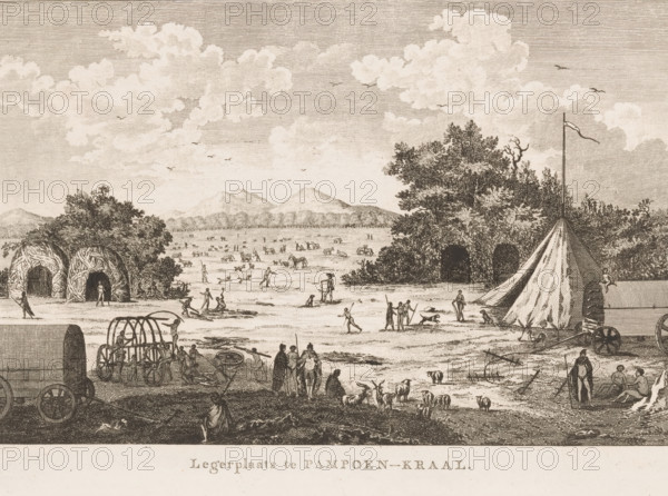 Military camp at Pampoen-Kraal, Original inhabitants of Durbanville, print, book illustration, Numbered upper right: ID Pl. III., watermark, Netherlands, publisher: Jan Honkoop, Leiden, publisher: Abraham Honkoop (II), publisher: Johannes Allart, Amsterdam, 1791 - 1798, printmaker, paper, etching, height 193 mm x width 266 mm, Print used for: Le Vaillant, François. Journey into the interior of Africa, along the Cape of Good Hope in the years MDCCLXXX to MDCCLXXXV undertaken by Mr. Le Vaillant. Leiden: Jan Honkoop and Abraham (II) Honkoop, 1791-1798, vol. 1, p. 174 (verso)., Africans, Western Cape, Durbanville, An expansive sepia-toned engraving shows a flat open landscape with scattered groups of people engaged in various activities, some standing, some walking, and some tending animals. Near the foreground there are wheeled wagons and a wooden framed cart, and a large canvas tent with a tall pole and a flag. To one side a cluster of woven dome-shaped huts sits beneath trees, and a den...