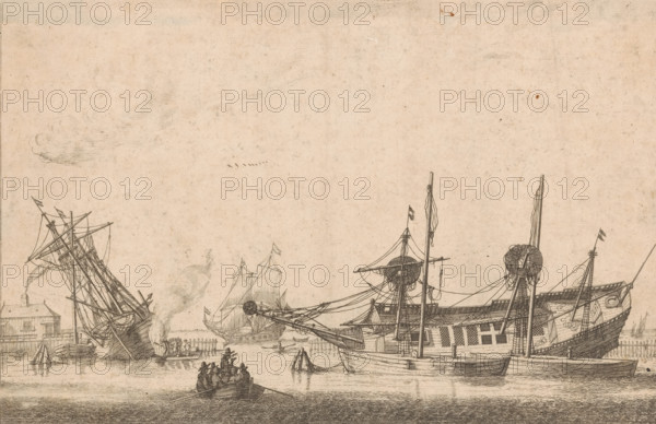 Two keeled sailing ships, print, Mirror image copy. A shipyard with two underlays keeling a large sailing ship, a keeled ship with men working on waterproofing the hull, and a rowboat with several people in it. Outside the breakwater, several more sailing ships on the water., collector's mark: 'friedr. Geissler a Paris', printmaker, after print by, publisher, grantor of privilege, Paris, France, paper, etching, height 199 mm x width 300 mm, ships (in general) - CC - more than one ship, sinking (movement in water), A wide waterfront scene rendered in fine line work shows several large sailing ships moored along a quay, their tall masts, rigging, and crow’s nests detailed against a pale sky; one ship on the left tilts toward the dock with smoke rising nearby, while another on the right displays a high stern with carved decoration and rigging lines stretching across the composition. Small boats with groups of people row in the foreground, their figures shaded with cross-hatching, and a pa...