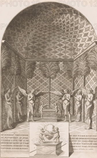 Angels around the Ark of the Covenant, print, book illustration, Netherlands, 1650 - 1750, printmaker, paper, engraving, etching, height 300 mm x width 187 mm, Probably an illustration from a picture Bible., Ark of the Covenant, Jewish religion, two cherubs placed within the inner sanctuary, Temple of Solomon, the decoration of the Temple of Solomon, A tall vaulted interior with a patterned dome and diamond-patterned walls lined with tall palm-like plants, a central raised platform holding a rectangular chest flanked by two small putti on the chest, and a line of winged, human-like figures standing on either side of the platform facing inward with folded hands and feathered lower bodies, all rendered in fine monochrome engraving lines.