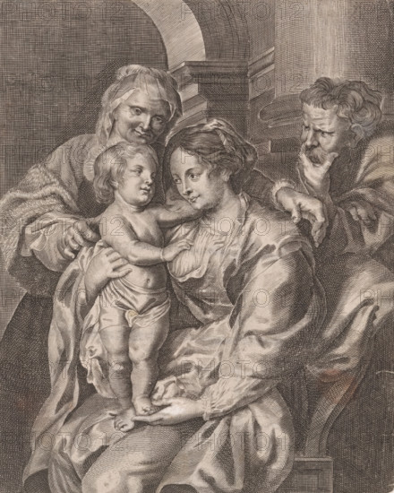 Holy Family with Anna, print, The Christ Child stands on Mary's lap and leans on her bare breast. Anna wraps her arms around them. Joseph looks on., after print by Paulus Pontius (possibly), after painting by Peter Paul Rubens, 1600 - 1699, Paulus Pontius, Peter Paul Rubens, printmaker, after print by, after painting by, paper, etching, engraving, height 222 mm x width 181 mm, Holy Family with others, eg: Anna, A detailed monochrome engraving shows a seated woman holding a naked toddler on her lap while another woman stands close behind them and an older man leans in from the side. The toddler faces the seated woman with one arm reaching toward her chest and the other resting on her hand, showing curled hair and soft facial features. The seated woman looks down at the child with a gentle expression, her hair covered by a headscarf and her clothing depicted with flowing drapery and fine shading. The standing woman behind them smiles slightly, her hair partly covered and one hand support...