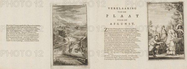 Personification of Innocence, surrounded by Envy and Gossip, washes her hands (right plate), Allegory on the pleasures of country life (left plate), Explanation of the plate for envy (right plate), print, book illustration, Numbered on print on the right side of the sheet: Part II, Page: 203. On print on the left side of the sheet: Part II, Page: 244., watermark, printmaker: Johannes Folkema, printmaker: Adolf van der Laan, publisher: Jacobus Verheyde (I), Amsterdam, 1723, paper, etching, letterpress printing, two etchings with text in letterpress on a folded sheet, proof, height 126 mm x width 83 mm x height 141 mm x width 82 mm, height 160 mm x width 207 mm x width 414 mm, Proofs for: Roeland van Leuve. Roeland van Leuve's Mixing Works. Amsterdam: Jacobus Verheyden, 1723., rural life, Envy, 'Invidia' (Ripa), personification of one of the Seven Deadly Sins, Innocence, 'Innocenza', 'Innocenza o purità' (Ripa), Calumny, Detraction, 'Biasimo vitioso', 'Calunnia', 'Detrattione', 'Maledice...