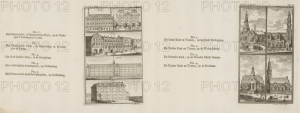 View of the Oude Kerk, the Westerkerk, the Noorderkerk and the Zuiderkerk in Amsterdam (right plate), View of the Prinsenhof, the West Indies Warehouse, the East Indies House, the East Indies Naval Storehouse and the East Indies Warehouse (left plate), print, book illustration, gathering, Numbered on print on the right side of the sheet: Part II. 2. Book., Page: 76. On print on the left side of the sheet: II Part 3. Book.., Page: 103., watermark, printmaker: Adolf van der Laan, printmaker: Johannes Folkema, publisher: Jacobus Verheyde (I), Amsterdam, 1723, paper, etching, letterpress printing, two etchings with text in letterpress on a folded sheet, proof, height 139 mm x width 81 mm x height 130 mm x width 80 mm, height 162 mm x width 209 mm x width 412 mm, Proofs for: Roeland van Leuve. Roeland van Leuve's Miscellaneous Works. Amsterdam: Jacobus Verheyden, 1723., church (exterior), Westerkerk (Amsterdam), Oude Kerk (Amsterdam), Oost-Indisch Huis (Amsterdam), Zuiderkerk (Amsterdam), N...