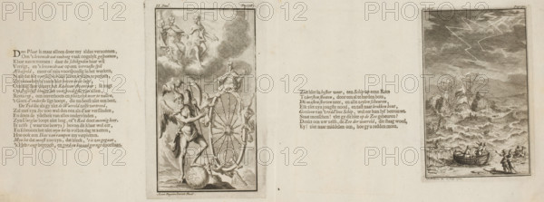 Shipwreck on a rocky coast during storm and lightning (right plate), Fates with thread of life, above Chronos next to the wheel of fortune (left plate), print, book illustration, Numbered on print on the left side of the sheet: Part II, Page: 287. On print on the right side of the sheet: Part II, Page: 190., watermark, printmaker: Andries van Buysen, printmaker: Johannes Folkema, publisher: Jacobus Verheyde (I), Amsterdam, 1723, paper, etching, letterpress printing, two etchings with text in letterpress on a folded sheet, proof, height 144 mm x width 88 mm x height 126 mm x width 83 mm, height 164 mm x width 207 mm x width 414 mm, Proofs for: Roeland van Leuve. Roeland van Leuve's Mixing Works. Amsterdam: Jacobus Verheyden, 1723., Father Time, man with wings and scythe, shipwreck, Fates, Parcae (Moirae), Turn of Fate, Wheel of Fortune, accidents with lightning, A wide, aged paper spread with two vertical engraved illustrations set within narrow frames and columns of printed text flanki...