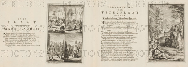 Explanation of the Title Plate for the Sea Poems, Allegories, &c (right plate), On the plate For some of the First Martyrs (left plate), Four scenes with martyrs (left plate), Personification of Religion and Morality (right plate), print, book illustration, Numbered on print on the left side of the sheet: Part II, Page: 259. On print on the right side of the sheet: II. Part., watermark, printmaker: Anna Folkema, printmaker: Johannes Folkema, publisher: Jacobus Verheyde (I), Amsterdam, 1723, paper, etching, letterpress printing, two etchings with text in letterpress on a folded sheet, proof, height 127 mm x width 82 mm x height 127 mm x width 80 mm, height 163 mm x width 205 mm x width 413 mm, Proofs for: Roeland van Leuve. Roeland van Leuve's Mengelwerken. Amsterdam: Jacobus Verheyden, 1723., martyr(s) (often with palm-branches), Christian religion, Morality, A wide spread shows two large pages with printed columns and decorative engravings. On the left page there is a framed vertical ...