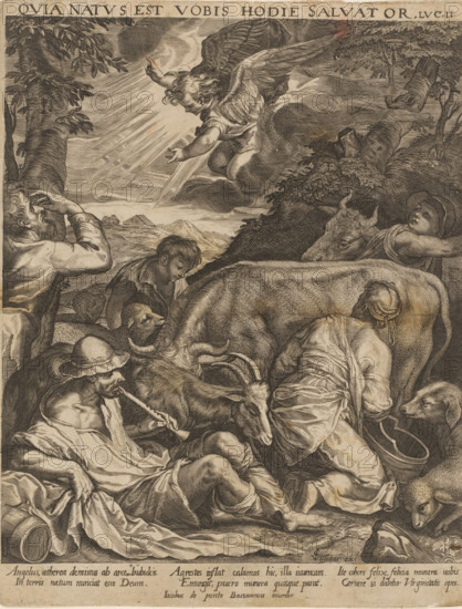 Abraham leaves for Shechem, Annunciation to the shepherds, print, Netherlands, after design by Jacopo Bassano, publisher: Claes Jansz. Visscher (II), 1596 - 1652, printmaker, paper, etching, engraving, height 266 mm x width 208 mm, annunciation of Christ's birth to the shepherds (and, or shepherdesses) at night, a host of singing angels in the air, Abraham comes to the sacred tree of Moreh at Shechem, and builds his first altar, A detailed engraving shows a winged angel descending from clouds with rays of light emanating toward figures below; beneath the angel are trees and rolling hills and a group of people and animals gathered closely together, including a reclining figure blowing a curved horn, a man seated with draped clothing, a kneeling figure leaning toward a large cow, a boy looking downward, and another person shielding their eyes while gazing toward the sky; several cows and a sheep are among the animals, one cow's head turned toward a person wearing a wide-brimmed hat, and ...