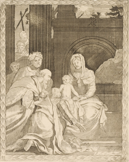 Adoration of the Kings, print, publisher: Johannes van Keulen (I) (possibly), Amsterdam, 1663 - 1755, printmaker, paper, etching, engraving, etching and engraving, possible proof print, height 260 mm x width 208 mm, adoration of the kings: the Wise Men present their gifts to the Christ-child (gold, frankincense and myrrh), A detailed pen-and-ink scene shows a seated woman wearing a headscarf and flowing robes holding a naked infant on her lap while a bearded older man in layered drapery bends toward the child; other figures in robes stand or lean nearby, their faces rendered with fine linework; a high arched backdrop and architectural elements frame the group, with a rectangular opening at the top showing a sunburst and small trees; a narrow window on the left reveals three additional figures and crossed spears; patterned borders run along the edges of the image and draped fabric and a small open box lie on the floor in front of the seated figures.