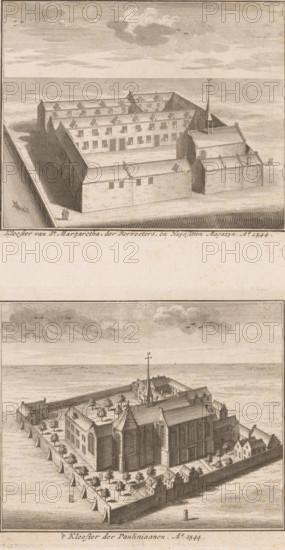 Bird's-eye view of the St. Margaretha Monastery and the St. Paul Brothers Monastery in Amsterdam, Monastery of St. Margaretha, der Bervoeters, and Huyssitten Magazyn. Ao. 1544, 't Monastery of the Paulinians. Ao. 1544, print, publisher: Johannes van Septeren (I), Amsterdam, 1729, printmaker, paper, etching, height 110 mm x width 135 mm x height 115 mm x width 140 mm, Print published in: Long, 1729., abbey, monastery, convent, Roman Catholic church, Sint-Margaretha Monastery, Sint-Paulusbroeders Monastery, A pair of engraved bird’s-eye views stacked vertically, each showing a walled complex of buildings with pitched roofs and a central courtyard; the top engraving depicts a rectangular enclosure with uniform multi-windowed facades, a small church-like structure with a tall spire at one corner, and a few tiny human figures near the walls, all rendered in fine parallel hatching and crosshatching under a sky with a few clouds; the bottom engraving shows a larger enclosed site with a promin...
