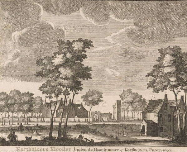 Carthusian Monastery, outside the Haarlemmer or Carthusian Gate. 1602, View of the Carthusian Monastery outside Amsterdam, print, after drawing by Jacobus Stellingwerff, publisher: Isaak Tirion, Amsterdam, 1760 - 1767, printmaker, paper, etching, height 132 mm x width 166 mm, Print appeared in: Wagenaar, Jan. Amsterdam, in its rise, growth, histories, privileges, trade, buildings, church state, schools, militia, guilds and government, described by Jan Wagenaar, 1760-1767., abbey, monastery, convent, Roman Catholic church, An engraved landscape showing large cloud formations across the sky above a row of tall trees and a variety of buildings, including a small churchlike structure with a pitched roof and a larger building with visible rooftops behind a wall, a gateway with figures nearby, open fields where grazing animals and people appear, a foreground riverbank with a person seated and another walking with a dog, and detailed linear shading and crosshatching throughout the scene.