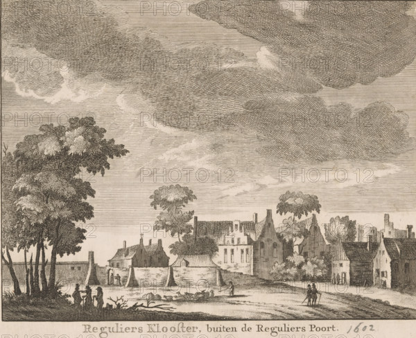 View of the Reguliers Monastery outside Amsterdam, Reguliers Monastery, outside the Reguliers Gate, print, Series number, 20, publisher: Isaak Tirion, Amsterdam, 1760 - 1767, printmaker, paper, etching, height 134 mm x width 166 mm, Print appeared in: Wagenaar, Jan. Amsterdam, in its rise, growth, histories, privileges, trade, buildings, church state, schools, militia, guilds and government, described by Jan Wagenaar, 1760-1767., abbey, monastery, convent, Roman Catholic church, An engraved scene showing a cluster of tall trees with dense foliage on the left and scattered trees throughout a riverside village comprised of varied roofed buildings and walls, a low waterfront with a small boat and figures near the shore, a pathway where two figures walk together and another person stands with a staff, and a sky filled with large, textured clouds rendered with fine linework.
