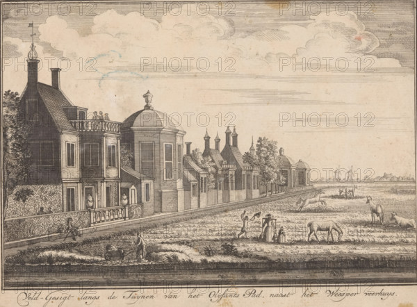 Field view along the gardens of the Olifants Pad, next to the Weesper Veerhuys, View of the rear of buildings on the Weesperzijde in Amsterdam, print, c. 1700 - c. 1799, printmaker, paper, etching, engraving, height 137 mm x width 186 mm, This view shows Weesperzijde at the height of numbers 15-16, seen from the rear of the buildings along the Olifantspad, near the present-day Eerste Boerhaavestraat., urban housing, windmill, ploughed field, Amsterdam, Weesperzijde, A detailed ink drawing of a row of ornate buildings along a raised road, showing varied rooflines including a domed pavilion, chimneys with decorative tops, and a balustraded terrace where small groups of people stand, with trees and fenced gardens behind low walls; in the foreground a cultivated field with figures working and carrying tools, women and children walking, and grazing livestock including cows and sheep; distant windmills and low buildings appear near the horizon under a sky filled with layered clouds.