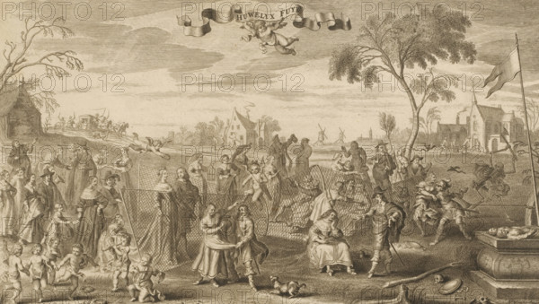 Marriage trap: allegory on marriage, Huwelyx fuyk, print, Series number, 3, 4, Below presentation of song text with staves., printmaker: Cornelis van Dalen (II), after design by Adriaen Pietersz van de Venne, publisher: Bernardus Kleynhens, Haarlem, 1712 - 1779, paper, engraving, etching, height 234 mm x width 326 mm, marriage, married couple, 'matrimonium', A wide sepia engraving showing a crowded outdoor scene with many people of various ages and dress engaged in different activities across a flat landscape. In the foreground there are groups of adults and children, some holding hands and dancing, some standing and conversing, and a few seated figures, with a small dog near two central figures. A large fishing net or woven barrier is stretched across part of the scene, with several figures leaning on or working around it and cherubic putti climbing or perched on it. To the right a man gestures toward a seated woman, while nearby a procession of people and a figure carrying a staff st...