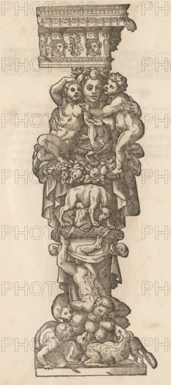 Term with two children in her arms, Portrait of the 17th Term, Oeuvre de la diversité des termes, dont on use en architecture, reduict en ordre, Terms in various architectural orders, print, album page, In the center the wolf with Romulus and Remus. At the bottom children and animals drinking from breasts. Numbered at the top left: 70. According to the explanation on page 72, this concerns a combination of the Doric, Ionic, Corinthian, and Composite orders. Print is part of an album., printmaker, after design by, paper, woodcut, letterpress printing, woodcut with letterpress text, height 308 mm x width 201 mm, Romulus and Remus are washed ashore and suckled by a she-wolf, 'Lupa Romana', nursing, suckling, pedestal of a piece of sculpture (perhaps in the form of a herm), Herm: pillar with the head of Mercury, patron of travelers, herms (garden ornaments), A vertical black ink engraving on aged paper showing an ornate column-like decorative sculpture with a top entablature featuring carv...