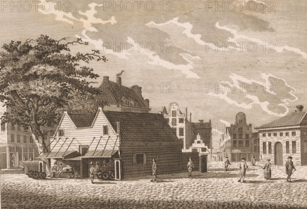 Main guard of the national militia on the Botermarkt in Amsterdam, print, View of the main guard of the national militia on the present-day Rembrandtplein., printmaker: attributed to Jacobus Wijsman, 1788, Attributed to, paper, etching, engraving, height 195 mm x width 238 mm, guard duty, keeping sentry, barracks (land forces), Prussian invasion of the Republic, Amsterdam, Rembrandtplein, Botermarkt (Amsterdam), Period, A sepia-toned engraving shows a town street scene with a row of gabled wooden buildings in the foreground, one with an awning and visible interior activity, and larger brick and stone buildings with stepped and curved gables lining the street behind them. Figures in period clothing walk and stand in the street, some near carts and market stalls, and a few carry long items that appear to be poles or rifles. A large tree with detailed foliage stands to the left, its branches extending over the rooftops. The sky is filled with horizontally hatched clouds and small flocks o...
