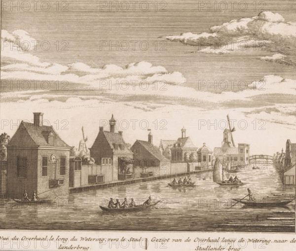 Vuë du Overhaal, le long du Wetering, vers le Stadlanderbrug, Gezigt van de Overhaal langs de Wetering, naar de Stadlander-brug, Gezicht op de wetering richting de Stadlanderbrug, print, book illustration, Gezicht van de Boerenwetering ter hoogte van de latere Stadhouderskade naar Stadlanderbrug, ter hoogte van de toekomst Albert Cuypstraat., printmaker: Abraham Rademaker, publisher: Leonard Schenk, Amsterdam, 1730, paper, etching, height 166 mm x width 195 mm, A wide waterfront scene rendered in a monochrome etched style shows a row of gabled buildings along a canal with small boats and rowboats on the water; several figures sit or row in the boats, and one person stands at the stern of a boat using a pole; the buildings feature varied rooflines, chimneys, small windows, and doors, with a windmill and a bridge visible in the distance; the sky above is filled with horizontal-lined shading and scattered clouds.