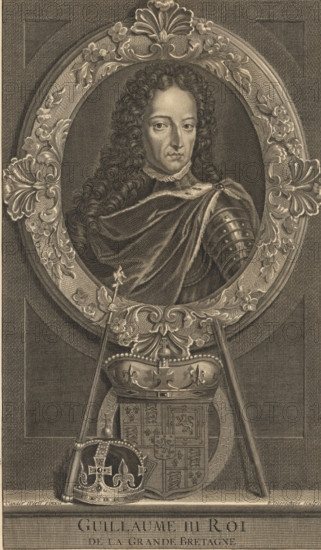 Portrait of William III, Prince of Orange, print, Portrait of William III in an ornamented oval. In the center below his coat of arms with a crown, decorated with the Garter and the motto of the Order of the Garter. Surrounding it are a number of allegorical objects. On a pedestal his name and title in French., stamp: 'MUSEUM WILLEM TWEE. AJ VAN TETROODE, 'S GRAVENHAGE.', printmaker: Étienne Desrochers, Paris, after painting by Adriaen van der Werff, 1688 - 1741, Étienne Desrochers, Adriaen van der Werff, printmaker, after painting by, paper, engraving, etching, engraving and etching, height 309 mm x width 182 mm, The title mentioned here refers to the highest title obtained by the sitter, not necessarily to the title that the sitter bears in this performance., Person, William III (Prince of Orange and King of England, Scotland, and Ireland), knighthood order (GARTER) - insignia of a knighthood order, eg: badge, chain, A detailed engraved portrait shows a person with long curly hair fr...