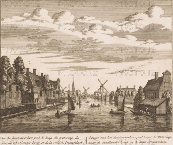 View of the Rustenwerker path along the waterway, next to the Stadlander bridge, and the city of Amsterdam, towards the Stadlander bridge and the city of Amsterdam, View of a waterway towards the Stadlander bridge and Amsterdam, print, book illustration, printmaker: Abraham Rademaker, publisher: Leonard Schenk, Amsterdam, 1730, paper, etching, height 166 mm x width 194 mm, A wide riverscape engraving showing a canal lined with buildings and trees on both sides, small sailboats and rowboats on the water with people aboard, a bridge spanning the canal in the distance, several windmills beyond the bridge, tall chimneys and house roofs with dormer windows, rows of clouds rendered with fine horizontal lines filling the sky, reflections of boats and structures visible on the water surface, and parts of figures along the banks and docks.