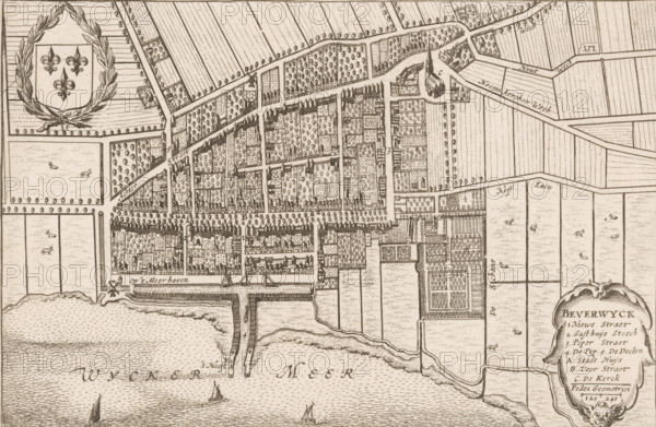 Beverwyck, Map of Beverwijk, area plan, print, Map in bird's-eye perspective. Top left the coat of arms of Beverwijk. Bottom right a cartouche with the title, a legend 1-5 and AC and a scale bar: 240 pedes geometrici., printmaker, paper, etching, height 147 mm x width 225 mm, Print first also used in: Boxhorn, Marcus Zuerius van. Theatrum sive Hollandiae comitatus et urbium nova descriptio (…). Amsterdam: Henricus Hondius, 1632. Later this print was also used in the city atlases (from 1649 and 1652) by Johannes Willemszoon Blaeu. Because the print has a Latin text on the verso in both the Hondius edition and three Blaeu editions, and this print does not, it is impossible to determine exactly from which publication this print originates., coat of arms (as symbol of the state, etc.) (city, municipal), maps of cities, Beverwijk, A detailed sepia-toned map shows a coastal town with a grid of streets, densely packed small buildings, rows of trees lining roads, and numerous rectangular garde...
