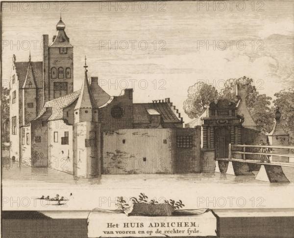 The House of Adrichem, from the front and on the right side, View of the house of Adrichem in Beverwijk, print, printmaker: Jacobus Schijnvoet, Amsterdam, after drawing by Roelant Roghman, publisher: Pieter de Coup (possibly), publisher: Hendrik Bosch (possibly), publisher: Johannes Marshoorn (publisher) (possibly), Haarlem, publisher: Gerrit Bom (possibly), 1711 - 1774, paper, etching, height 194 mm x width 212 mm, Print included in: Smids, Ludolph. Schatkamer der Nederlandse! oudheden, of Woordenboek, 1711. Also appeared in the reissue of the aforementioned work in 1737 and 1774. In 1721, an edition appeared containing only the prints: Nederlandsche oudheden, bestaan in zeskelijk verbeeldingen, gelegen in Holland, 't Sticht van Utrecht en Gelderland enz. Amsterdam: Hendrik Bosch, 1721., castle, Beverwijk, A detailed linear drawing of a riverside scene showing a row of connected buildings with varied rooflines and architectural features, including towers with domed and pointed tops, g...