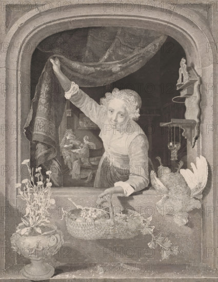 Woman with a basket of fruit in her hand by the window, print, A young woman with a basket of fruit in her hand is leaning out of a window. She is holding the curtain aside so that the interior behind her is visible. In the room, a man and a woman are playing music. On the windowsill hangs a birdhouse, lies a dead rooster, and stands a vase with flowers., printmaker: Henricus Wilhelmus Couwenberg, Amsterdam, after painting by Gerrit Dou, 1842, paper, etching, height 523 mm x width 389 mm, States 1 to 15 by Henricus Wilhelmus Couwenberg, states 15 to 24 by Johannes de Mare and states 24 and 25 by Johann Wilhelm Kaiser., human figure at (open) window, seen from outside, instrumental and vocal music together, fruits, shop-window, show-window, A framed window opening shows a woman leaning forward and lifting a heavy patterned curtain with one hand while holding a basket with fruit in the other; she wears a simple dress with rolled sleeves and has curly hair. Inside the dark interior behind...
