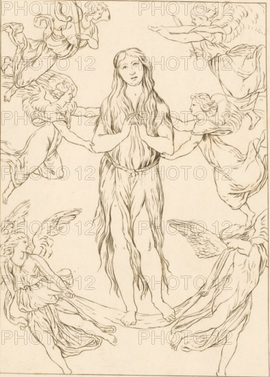 Assumption of Mary Magdalene, print, She is carried by four angels. Above her two more musical angels., France, c. 1750 - c. 1850, printmaker, paper, etching, height 292 mm x width 231 mm, the assumption of St. Mary Magdalene: she is lifted up to heaven by angels, sometimes a hermit looks up at her, A central standing female figure with long flowing hair and a draped garment clasping her hands at her chest, surrounded by multiple winged figures in flowing robes who appear to reach toward or support her, all rendered in fine linear ink lines on a light background.