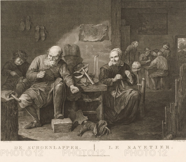 The Shoemaker, Le Savetier, Shoemaker in workshop and spinning woman, print, printmaker: Johannes Christiaan Bendorp, Amsterdam, after painting by David Ryckaert (III), after painting by Adriaen Brouwer, publisher: Johannes Immerzeel, The Hague, publisher: Adriaan Pietersz. Loosjes, 1805, paper, etching, engraving, height 214 mm x width 259 mm, An interior scene rendered in fine lines shows an older man with a beard seated on a low bench mending footwear while holding a tool and thread, next to a woman wearing a headscarf who is also handling thread; a child sits to the left leaning forward and looking down. Around them are scattered shoes, a hammer, wooden blocks, a basket, straps and a variety of hand tools arranged on and near a central workbench. In the background a group of three figures sit at a small table engaged in a shared activity while another standing figure looks on; shelves, a framed image on the wall, and a doorway opening to a faintly visible outdoor scene occupy the r...