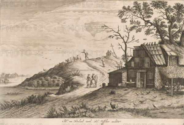Roadside Inn, Landscapes, print, Series number, 8, Canopyed inn, under which a company is seated at a table. On the road are two horsemen and a cattle driver with his cattle. A chapel stands on the hill, a boat sails on the water. Print from a series of landscapes., printmaker: Pieter Nolpe, Amsterdam, after design by Adriaen van Nieulandt (I), publisher: Nicolaes Visscher (I), 1623 - 1652, 1652 - c. 1679, paper, etching, height 212 mm x width 315 mm, Print possibly republished by Nicolaes Visscher after Nolpe's death., inn, coffee-house, public house, road, path, water course, cattle driving, cattle driver, church (exterior) - QQ - small church, chapel, A wide landscape etched scene showing a hillside path leading from a riverside toward a cluster of simple thatched and timber buildings under tall trees, with a few people and animals scattered along the road and near the buildings. The foreground shows grassy banks and a small animal standing near the water, birds on the ground and a ...