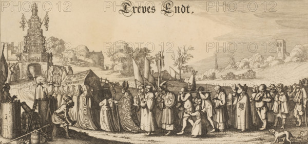 Treves being carried to the grave, 1621, Treves Endt, print, propaganda print, 1621. Allegory on the end of the Twelve Years' Truce. A coffin marked Treves and Proposition by Peckius is carried in a funeral procession by monks. In the procession, which takes the form of a Roman procession, walk a bishop, pilgrims, beggars, etc., and a statue of Saint Nicholas is carried. The procession walks in the direction of the monument of the Arminian Testament; to the right in the distance is the Arminian Funeral, the departure of the exiled Remonstrant preachers. Details in the image are numbered, but the legend is missing., printmaker: Claes Jansz. Visscher (II), Amsterdam, publisher: Claes Jansz. Visscher (II), 1621 - 1623, Claes Jansz. Visscher (II), printmaker, publisher, paper, etching, height 174 mm x width 362 mm, Person, Petrus Peckius (the Younger), cortege, funeral procession, procession, Christian religion, Twelve Years' Truce, Period, 1621-04-10, A wide, detailed engraving shows a pr...