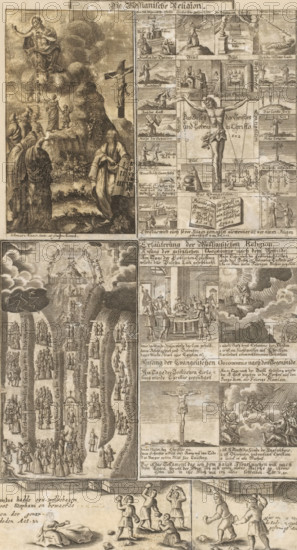 The Messianic Religion, Collage of five prints with Biblical scenes, print, collage (visual work), Top left: a print by Jonas Haas (1720-1775). The other prints are anonymous German and Dutch, seventeenth- or eighteenth-century. Top left: depiction with Moses with the Ten Commandments, the Crucifixion of Christ, and possibly Christ admitting figures into heaven. Top right: print with the Crucifixion of Christ surrounded by various small Biblical depictions. Bottom left: print with the narrow road to Jerusalem and the broad road to destruction. Bottom right: print with four depictions from the Old and New Testaments, namely the sacrifice of the Passover lamb, Moses with the Ten Commandments on Mount Sinai, and possibly an Ascension. At the very bottom: print with the Stoning of Stephen., printmaker: Jonas Haas, Hamburg (city), Germany, Low Countries, compiler (person in literature): anonymous, c. 1600 - c. 1775, 1730 - 1775, compiler (person in literature), paper, etching, engraving, sn...