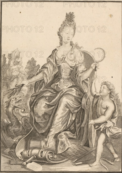 Summer, L'Esté, print, Series number, 2, Personification of summer as a woman with a sickle and corn in her hands., publisher: Jan de Lat, Deventer, 1724 - c. 1756, Jan de Lat, printmaker, publisher, paper, etching, height 281 mm x width 184 mm, summer, 'Aestas', 'Estate' (Ripa), A seated woman in flowing draped clothing and an ornate bodice holds a curved blade in one hand and a sheaf of plants in the other, a plume of foliage atop her styled hair; a young naked figure beside her reaches up toward the blade while resting a hand on the arm of her chair; at the woman's feet lie mechanical tools, a spindle like object, and bundles of grain, and a serpent-like creature with an open mouth appears near the lower left among leafy foliage and trees in the background.