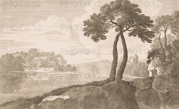 Two trees by a river, print, Numbered bottom right: 4., printmaker: Nicolas Perelle, printmaker: Adam Perelle, printmaker: Gabriel Perelle, publisher: Pierre Mariette (I), Paris, grantor of privilege: French crown, France, 1613 - 1695, paper, etching, height 198 mm x width 317 mm, river, A sepia-toned landscape etching showing a lakeshore with a rocky foreground and two tall, leaning trees with textured trunks and dense canopies near the right center; a pair of small human figures stand on a cliff edge beneath foliage on the far right; across the water on the left a large building with a pointed spire sits among clusters of trees and is reflected in the calm lake; layered clouds and horizontal line shading fill the sky, and varied line work defines distant hills, trees, and rock textures throughout the scene.