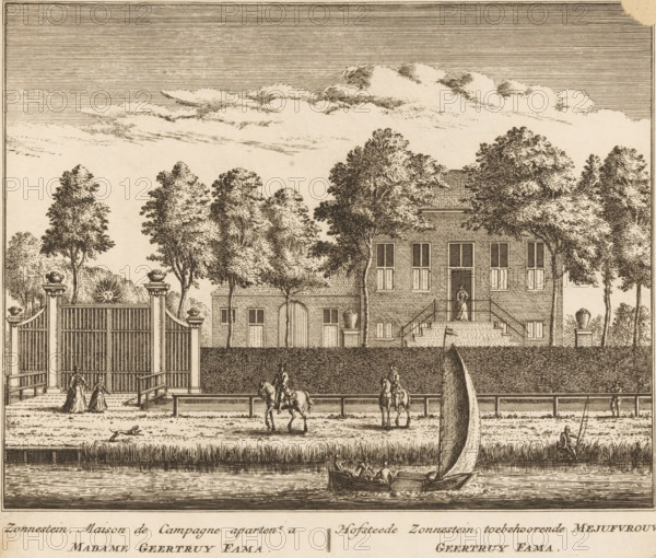View of Hofstede Zonnestein, Zonnestein, Maison de Campagne apartent. a Madame Geertruy Fama, Hofstede Zonnestein, toebehoorende Mejufvrouw Geertruy Fama, print, book illustration, Series number, 56, inscription: '52', printmaker: Abraham Rademaker (possibly), Amsterdam, publisher: Leonard Schenk (possibly), 1730, paper, etching, height 163 mm x width 192 mm, A detailed monochrome etching shows a riverside scene with a large gated estate behind a high wall, tall trees rising above the wall, and a two-story house with shuttered windows and a central doorway reached by steps where a standing figure is visible; in front of the wall a pathway runs along the riverbank where two riders on horseback are depicted and two women in long dresses walk near the gated entrance; a sailboat with a raised sail floats on the river in the foreground with figures aboard, a small dog is on the bank, and additional small figures appear near the water; the sky is filled with horizontal lines and textured clo...