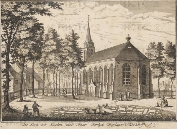 View of the church and churchyard at Sloten, The Church of Slooten with It Elegantly Planted Churchyard, print, printmaker: Abraham Rademaker (possibly), c. 1727, paper, etching, height 136 mm x width 185 mm, church (exterior), Amsterdam, Sloten (Amsterdam), A detailed black and white illustration shows a church with a steep tiled roof and tall arched windows, a square tower topped by a slender spire, and a small entrance porch; the church is surrounded by a fenced yard with numerous trees of varying heights whose foliage forms a canopy; small groups of people are scattered around the grounds, some standing and conversing near the fence, others near the church wall, and a few seated or working on the grass; in the foreground rectangular sheets or cloths are laid out on the ground with figures attending them; simple houses with pitched roofs appear beyond the trees at the left and right edges; birds are visible in the sky and the scene is bordered by a thin decorative frame.