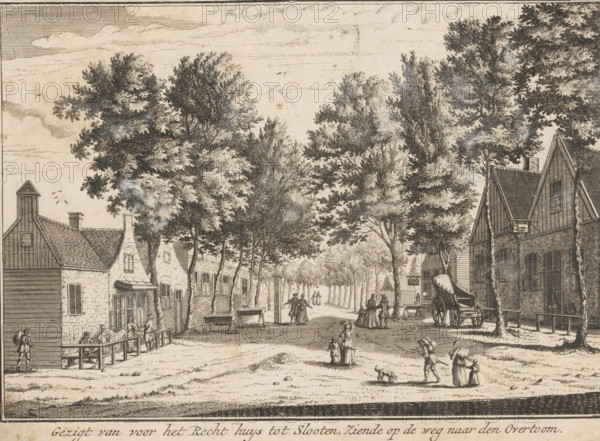 View from in front of the Courthouse at Slooten, Looking at the road to the Overtoom, View of Sloten in front of the Courthouse, print, printmaker: Abraham Rademaker, publisher: Leonard Schenk (possibly), c. 1730, paper, etching, height 137 mm x width 186 mm, Print possibly published in: Spiegel van Amsterdams zomervreugd, op de dorpen Amstelveen, Slooten, en den Overtoom, Amsterdam: Leonardus Schenk, 1730., village street, Sloten (Amsterdam), Overtoom, A wide street lined with tall leafy trees and flanked by rows of buildings with pitched roofs and chimneys stretches into the distance, with people walking and standing beneath the trees and along the sidewalks; on one side a cart with large wheels is parked near a building, a few figures cluster nearby, and farther down small groups stroll along the tree-lined avenue; closer to the foreground adults and children are depicted walking and interacting, a small dog is visible on the ground, and fences, benches, and market stalls occupy the...