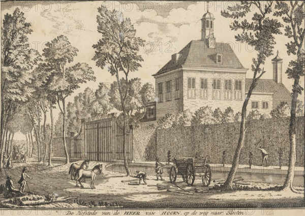 View of the Manor of the Lord of Hoorn, on the road to Sloten, The Manor of the Lord of Hoorn, on the road to Slooten, print, printmaker: Abraham Rademaker, publisher: Leonard Schenk (possibly), c. 1730, paper, etching, height 131 mm x width 185 mm, Print possibly published in: Spiegel van Amsterdams zomervreugd, op de dorpen Amstelveen, Slooten, en den Overtoom, Amsterdam: Leonardus Schenk, 1730., village street, civic architecture, edifices, dwellings, Sloten (Amsterdam), A detailed pen-and-ink scene shows a large house with a steep tiled roof and a small tower rising above it, a tall fence and a large gated entrance in front, trees with detailed foliage surrounding the property, a dirt road before the gate with a horse-drawn cart and a few horses standing nearby, figures walking and standing along a tree-lined path on the left, a person crouched on the ground near the horses, dense shrubbery behind the fence, clouds and cross-hatching in the sky, and various small architectural deta...