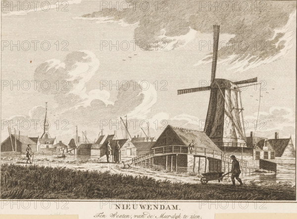 Nieuwendam, ca. 1790, Nieuwendam. To the West, visible from the Meerdijk, print, printmaker: Carel Frederik Bendorp (I), after drawing by Jan Bulthuis, 1786 - 1792, 1824 - 1825, paper, etching, height 157 mm x width 215 mm, Print first used in: Vaderlandsche gezichten, of gezichten van den tegenwoordigen staat der Vereenigde Nederlanden (…). Amsterdam: Hendrik Gartman, Willem Vermandel and Jan Willem Smit, 1786-1792. Published in installments, each with its own bifolium and table of contents. All prints in this publication were engraved by Carel Frederik Bendorp (I) and, in most cases, are based on drawings by Jan Bulthuis. Later, the print was published as part of a plate work from ca. 1824-1825 containing 74 (unnumbered) plates of the most important topographical views and various customs and habits in the United Kingdom of the Netherlands, entitled 'Tableau des principales vues des palais et édifices : représentations et des coutumes et usages, dans les provinces septentrionales du ...