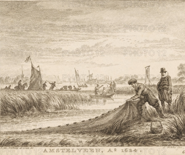 Amstelveen, c. 1624, River landscape with boats near Amstelveen, 1624, North Holland landscapes, print, Series number, 6, printmaker: Simon Fokke, Amsterdam, after drawing by Hendrick Avercamp, 1724 - 1784, paper, etching, height 140 mm x width 170 mm, sailing-ship, sailing-boat, fisherman, river bank, A wide riverside scene rendered in fine sepia lines showing a low horizon with tall grasses in the foreground and a long fishing net being hauled by two men near the water's edge, one man bent over gripping the net and the other standing with hands in pockets wearing a hat and ruffled collar; a small woven basket rests on the grass nearby. Boats with sails and oars are on the water, some with figures aboard and one with a large raised sail; a distant windmill and buildings, including a church steeple, appear along the far shore. Groups of people stand or sit along the banks and in shallow boats, and a cluster of small birds is drawn in the sky. The sky itself is filled with horizontal fi...