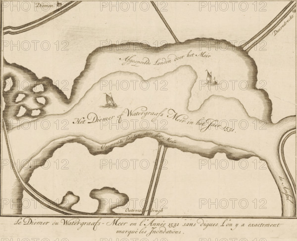 Le Diemer ou Watergraafs-Meer en l'Année 1531 sans digues. L'on ya extractement marqué les Jnondations, Map of the area around the Diemer- or Watergraafsmeer, print, map, Series number, 2, publisher: Andries de Leth (possibly), publisher: Hendrik de Leth (possibly), 1725, printmaker, paper, etching, height 165 mm x width 215 mm, Print published in: Het Verheerlykt Watergraefs- or Diemermeer. Amsterdam: Andre and Henry de Leth, 1725., maps, atlases, Amsterdam, Watergraafsmeer, A sepia-toned map segment showing irregularly shaped water bodies with shaded banks and contour-like lines, two small sailing boats depicted on the water with billowing sails, curving roads or embankments crossing the scene, small clustered landmasses with shaded textures, and various thin linear markings suggesting waterways and edges.
