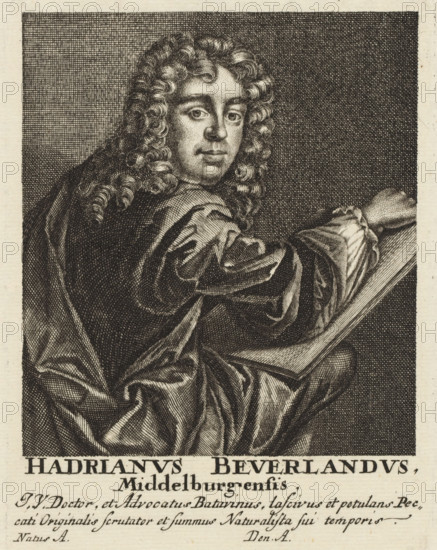 Portrait of Hadriaan Beverland, Portraits of learned men of all classes, Icones virorum omnium ordinum eruditione, print, inscription: '20', printmaker, publisher, Bavaria, Nuremberg, paper, engraving, etching, height 136 mm x width 104 mm, Person, Hadriaan Beverland, historical persons, draftsman at work, A monochrome engraved portrait of a seated person shown from the torso up, turned three quarters toward the viewer with a direct gaze, featuring long curly hair cascading over the shoulders, a rounded face with defined eyes, nose, and lips, and a smooth forehead. The figure wears a voluminous draped garment with prominent folds and sheen-like shading across the fabric, and an arm rests on an angled surface that resembles a book or slate. The background is densely crosshatched behind the head and transitions to a darker crosshatched area to the right, while the lower margin shows a band of blank space with a block of cursive and capitalized script partly visible.