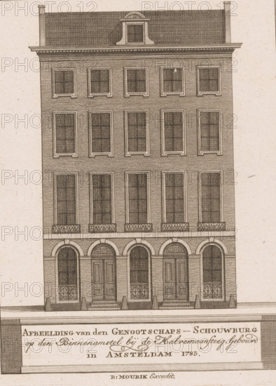 Elevation of the facade of the French Theatre in Amsterdam, Image of the Society Theatre on the Binnenamstel near the Halvemaansteeg, Built in Amsterdam 1785, print, book illustration, publisher: Bernardus Mourik, 1785, printmaker, paper, etching, height 170 mm x width 128 mm, Print possibly from: De Maandelykse Nederlandsche Mercurius, (1785), October 1785, vol. 2., theatre (building), Amsterdam, French Theatre, A tall, narrow building facade rendered in a sepia-toned architectural engraving, with a steep mansard roof featuring textured shingling and a centered dormer, flanked by chimneys; below the roof a detailed cornice separates upper floors from the roofline. The facade shows a regular arrangement of tall, rectangular windows with muntins and ornamental frames across several stories, with small balconies and wrought-iron railing details on the mid level and arched openings on the ground level above paneled doors. Stone steps lead up to recessed doorways framed by rounded arches a...