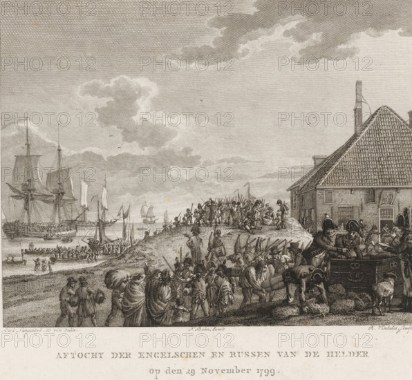 Retreat of the British and Russians from Den Helder, 1799, Retreat of the English and Russians from Den Helder on 29 November 1799, print, book illustration, printmaker: Reinier Vinkeles (I), Amsterdam, after drawing by Dirk Langendijk, Den Helder, publisher: François Bohn, 1801, paper, etching, height 213 mm x width 287 mm, A large harbor scene rendered in fine engraving lines shows multiple sailing ships with tall masts and unfurled sails anchored in calm water, small boats and rowboats crowded with people approaching the shoreline, and a busy quayside where many figures stand, walk, or converse. A sloped embankment rises from the water, crowded with groups of people, some standing and some seated, with a line of men bearing long poles or muskets along the foreground. To the right, a brick building with a steep tiled roof and chimneys fronts the quay, with barrels, carts, and figures clustered nearby. In the sky, layered clouds stretch across the scene and a few small birds are visib...