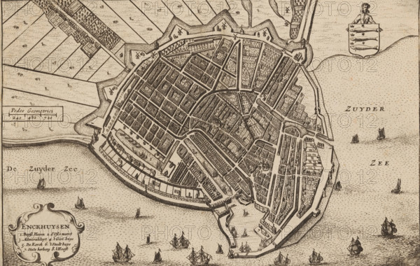 Map of Enkhuizen, Enckhuysen, area plan, print, book illustration, inscription: 'Enckhuijsen is a city in Holland situated on the ... or inlet of the Zuiderzee towards Friesland, 3 miles from Horn is a good city this city of Enckhuysen is the principal maritime city in Holland, ', publisher: Henricus Hondius, Amsterdam, 1632, printmaker, paper, etching, height 151 mm x width 231 mm, A detailed bird's-eye view of a fortified town with a jagged outer wall and bastions surrounded by water, showing a dense pattern of streets and rectangular blocks filled with closely packed buildings, open plots, and tree-lined areas; narrow canals and docks run along the waterfront, where numerous sailing ships and smaller boats float on a textured sea, and a few windmills and small structures appear outside the walls among patchwork fields.