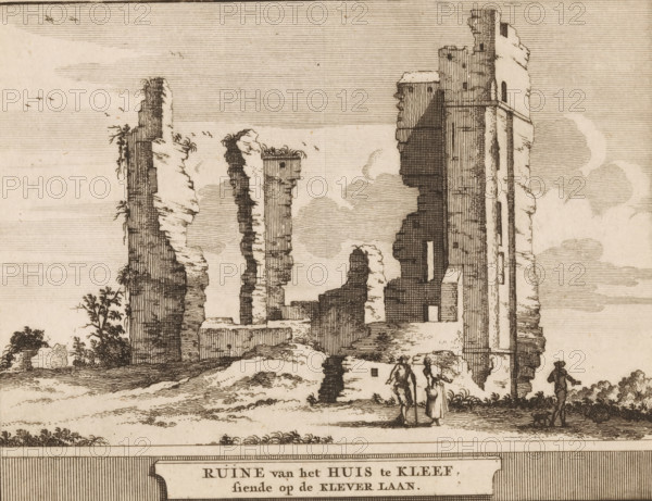 Ruins of the House at Kleef, overlooking Klever Laan, View of the ruins of the House at Kleef in Haarlem, Castles, country estates and houses in the Netherlands, print, book illustration, printmaker: Jacobus Schijnvoet, Amsterdam, after drawing by Roelant Roghman (possibly), publisher: Pieter de Coup (possibly), 1711, paper, etching, height 194 mm x width 215 mm, Print first used in: Smids, Ludolph. Schatkamer der Nederlandse oudheden, of Woordenboek, between. p. 174 and 175. Possibly appeared thereafter in reissues of this work in 1737 and 1774. In 1721, an edition appeared containing only the prints: Nederlandsche oudheden, bestaan in zeskelijk verbeeldingen, gelegen in Holland, 't Sticht van Utrecht en Gelderland enz. Amsterdam: Hendrik Bosch, 1721., ruin of a dwelling, house, castle, landscape with ruins (city(-scape) with figures, staffage), Haarlem, Huis ter Kleef, A sepia-toned engraving shows tall crumbling stone ruins with vertical lines and rough textured surfaces, fragments ...