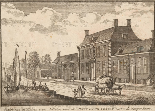View of the cotton tree belonging to Mr. David Veryon, outside the Weesper Gate, View of David Veryon's cotton printing factory on the Weesperzijde, print, c. 1730 - c. 1780, printmaker, paper, etching, height 130 mm x width 182 mm, cotton (material, textile industry), Amsterdam, Weesperzijde, A sepia-toned engraving shows a riverside scene with tall clouds in the sky above a row of large brick buildings with tiled roofs and multiple chimneys; one prominent building has decorative window surrounds and a central doorway, while adjacent structures feature many tall windows and dormers. Along the water, small sailboats and rowboats are moored, with figures on and near the boats handling barrels and ropes. On the quay a horse-drawn cart covered with a bundle is being led, and several people walk or stand in groups near the water’s edge and in front of the buildings. Trees rise behind a smaller riverside shed, and fine parallel lines and crosshatching create shading throughout the image.