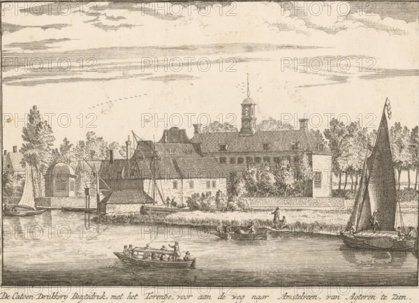 The Cotton Printing House Buytedruk, with the Little Tower, at the front of the road to Amstelveen, seen from the rear, View of the rear of the cotton printing house Buytedruk on the Amstelveenseweg, print, printmaker: Abraham Rademaker (possibly), c. 1730, paper, etching, height 132 mm x width 181 mm, canals, waters (in city), cotton (material, textile industry), Amsterdam, Amstelveenseweg, Schinkel, A riverside scene rendered in fine linework showing a large multiwinged building with a pitched tiled roof and a central tower topped by a slender spire, flanked by trees and smaller structures; boats occupy the water in the foreground, including a covered passenger boat with people aboard, a smaller rowed boat with figures, and a sailing vessel with a tall sail at the right edge; figures appear on the grassy riverbank and near the water engaging in various activities; the sky above contains horizontal cloud bands and scattered small birds.