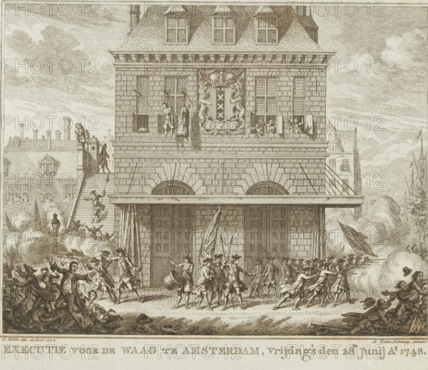 Execution in front of the Weigh House in Amsterdam, Friday, June 28th, Ao. 1748, Riots during the hanging of a man and woman at the Waag in Amsterdam, June 28, 1748, print, book illustration, Riots during the hanging of a man and woman (Piet van Dort and the lemon and dried plaice seller Mat van den Nieuwendijk), two participants in the Tenant Farmers' Revolt, at the Waag in Amsterdam, 1748. The militia opens fire on the spectators., printmaker: Simon Fokke, Amsterdam, after design by, publisher: Arend Fokke Simonsz., 1777, Arend Fokke Simonsz., printmaker, publisher, paper, etching, engraving, etching and engraving on blue paper, height 177 mm x width 201 mm, Print also used in: Wagenaar, Jan. Vaderlandsche historie (…). 21 vols. Amsterdam: P. Schouten et al., 1782, vol. 20., street-fights, riots, violent death by hanging, weigh-house, death penalty, execution, Pachtersoproer (1747-1750), Waag op de Dam, Period, 1748-06-28, A detailed pen-and-ink scene shows a large stone building wit...