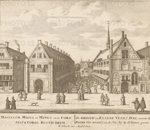 Macellum Majus en Minus cum Foro Piscatorio Rusticorum, De Groote- en Kleene Vlees Hal, naasts de Boere Vis Markt, in de Nes, bij de St. Pieters poort, View of the Great and Small Meat Hall on the Nes in Amsterdam, 100 Illustrations of the most important buildings of Amsterdam, print, Series number, 8, 100, Numbered lower right: 8., printmaker, grantor of privilege, Barent Greve, paper, etching, height 169 mm x width 204 mm, Current state of print also used in: 100 Illustrations of the most important buildings of Amsterdam. Amsterdam: Pieter Schenk (I), sa 1710-1711. And in: 100 Illustrations of the most important buildings of Amsterdam. Amsterdam: Barent Greve, sa. 1757-1766.* *In the second edition, published by Barent Greve, only the title page has been modified. The other prints have remained unchanged., market, market-hall, street (city(-scape) with figures, staffage), Amsterdam, Kleine Vleeshal (Amsterdam), Grote Vleeshal, A wide city street scene rendered in monochrome engraving...