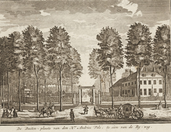 The Country Estate of Mr. Andries Pels, seen from the Ry-weg, View of the Vreedenoord country estate, print, printmaker: Daniël Stopendaal (possibly), c. 1719, paper, etching, height 156 mm x width 206 mm, civic architecture, edifices, dwellings, Netherlands, A wide engraved scene shows a tree-lined avenue with tall leafy trees on both sides, a gated entrance at the center leading to a long straight path flanked by more trees, figures walking and riding horses near the foreground, a horse-drawn carriage with visible wheels and horses to the right, a large multi-story building with many windows behind the trees on the right, a small pavilion or building among the trees on the left, shaded clouded sky above, and various people engaged in travel or conversation along the road.